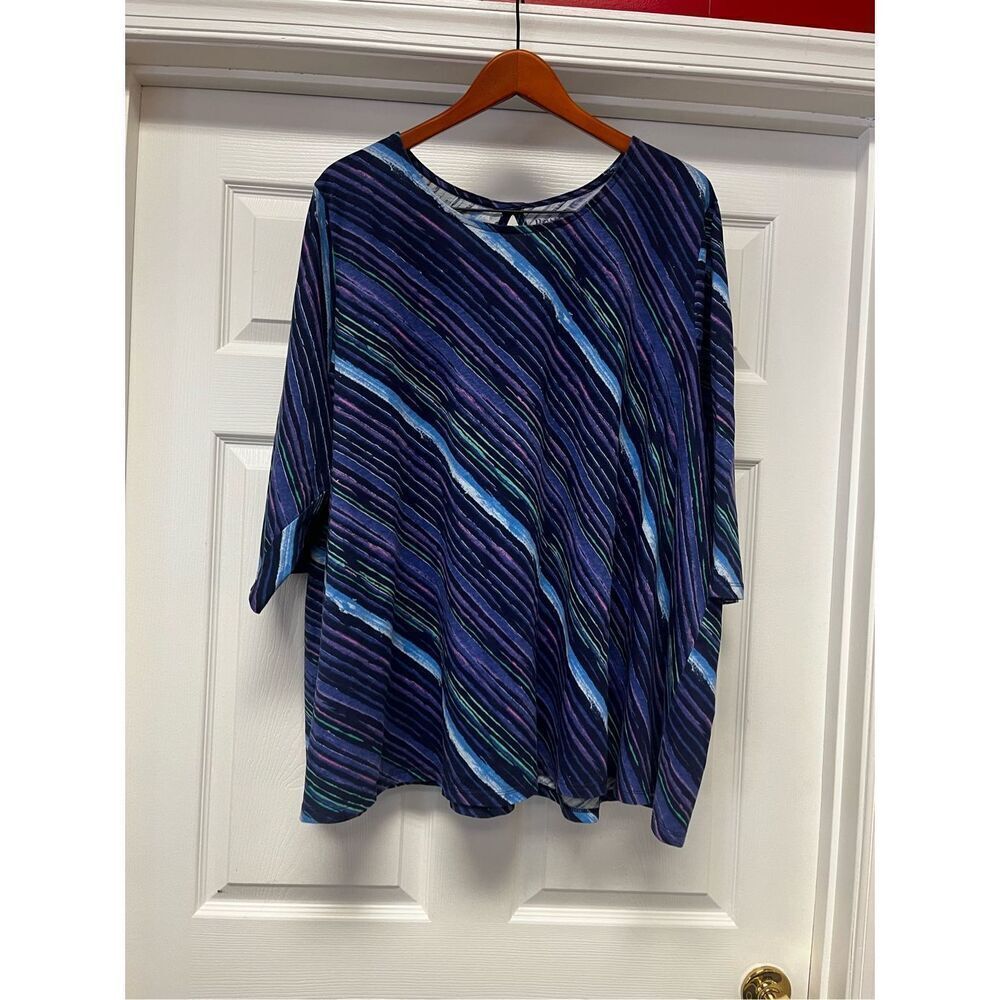 Roaman’s Blue Purple Aqua Watercolor Stripe 3/4 Sleeve Swing Top sz 3X NWOT